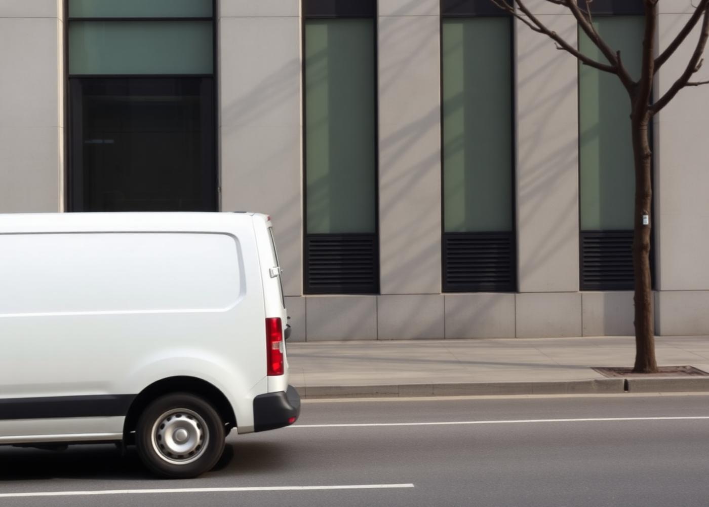 Weißer Transporter an einem modernen Bürogebäude